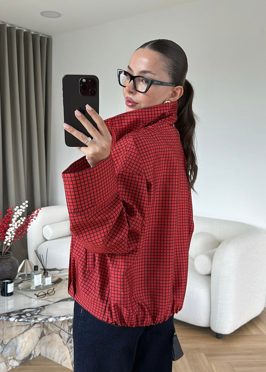 Red Plaid Patterned bomber jacket