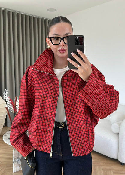 Red Plaid Patterned bomber jacket