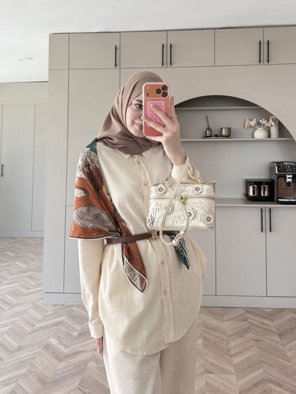 Oversized shirt with waistband wide leg trouser linen set