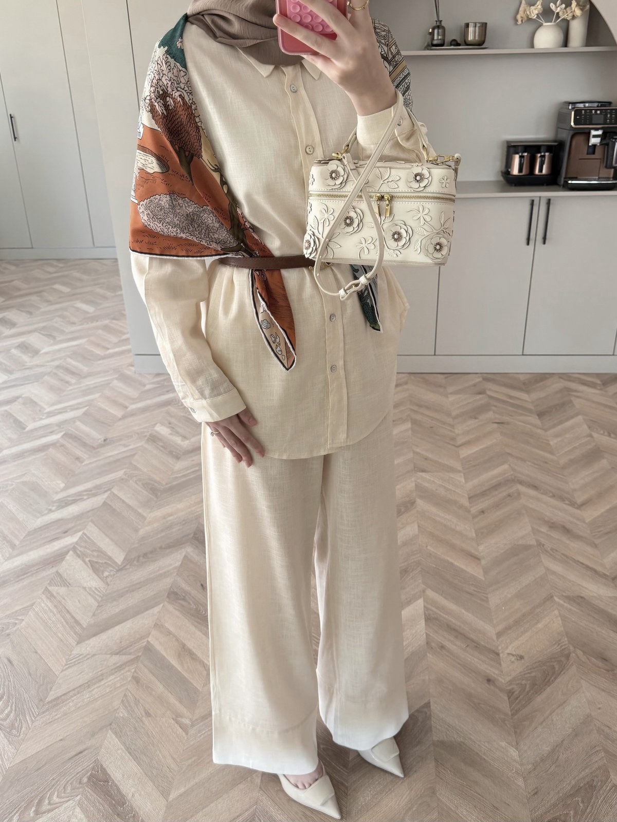 Oversized shirt with waistband wide leg trouser linen set