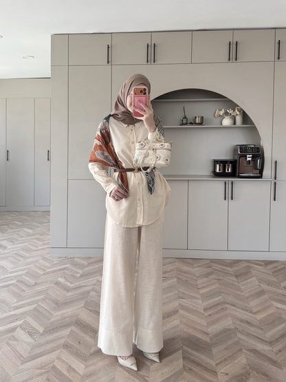 Oversized shirt with waistband wide leg trouser linen set