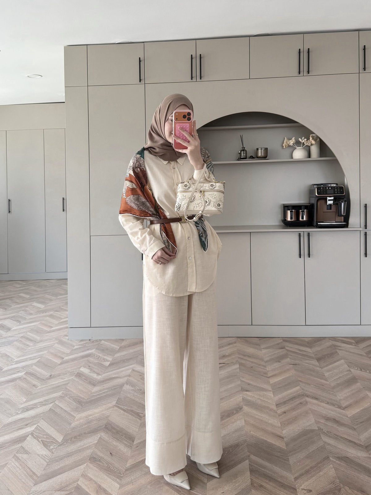 Oversized shirt with waistband wide leg trouser linen set