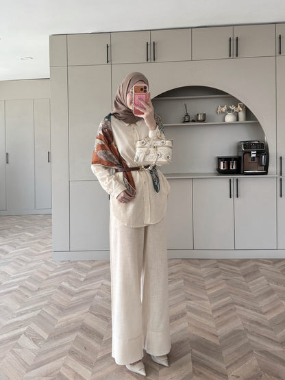 Oversized shirt with waistband wide leg trouser linen set