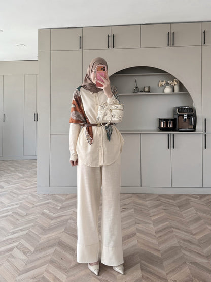 Oversized shirt with waistband wide leg trouser linen set