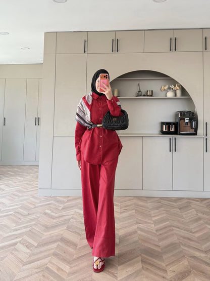 Oversized shirt with waistband wide leg trouser linen set