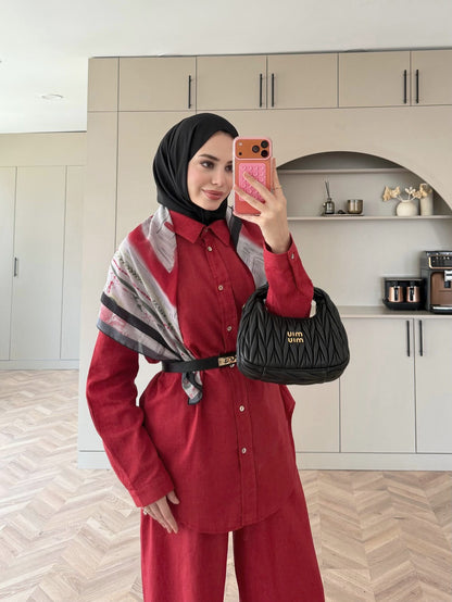 Oversized shirt with waistband wide leg trouser linen set