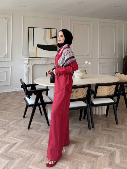 Oversized shirt with waistband wide leg trouser linen set