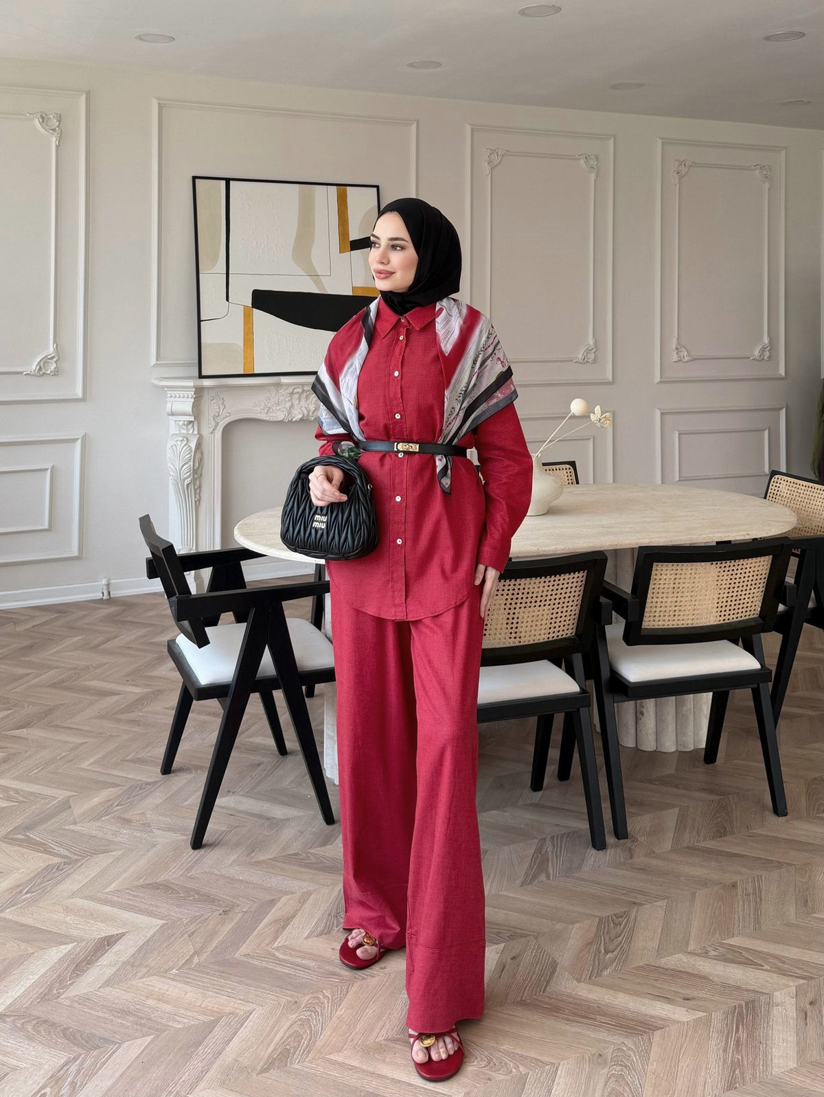 Oversized shirt with waistband wide leg trouser linen set