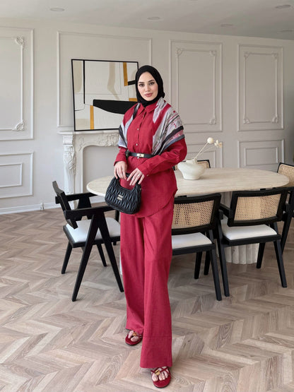 Oversized shirt with waistband wide leg trouser linen set