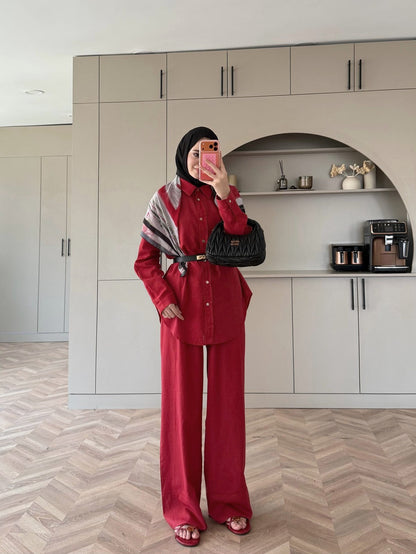 Oversized shirt with waistband wide leg trouser linen set