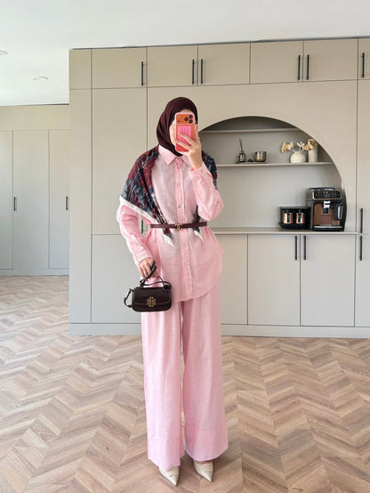 Oversized shirt with waistband wide leg trouser linen set