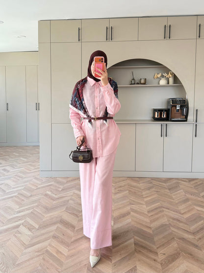 Oversized shirt with waistband wide leg trouser linen set