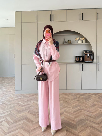 Oversized shirt with waistband wide leg trouser linen set