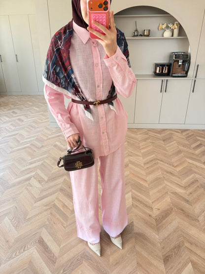 Oversized shirt with waistband wide leg trouser linen set