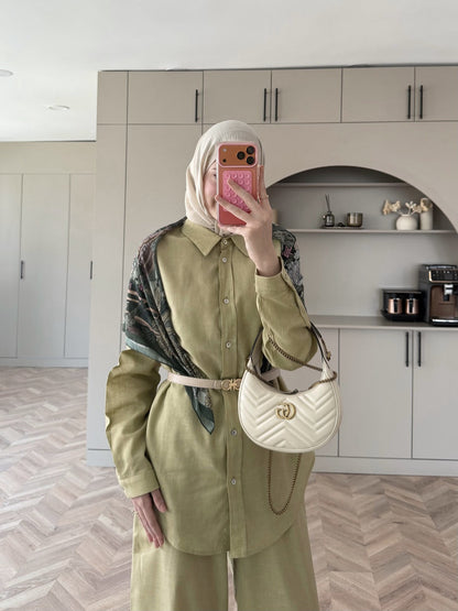 Oversized shirt with waistband wide leg trouser linen set
