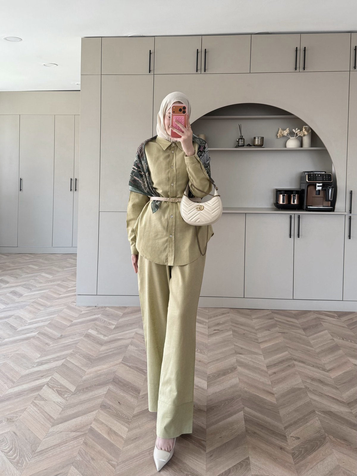 Oversized shirt with waistband wide leg trouser linen set