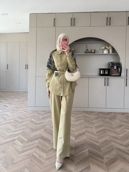 Oversized shirt with waistband wide leg trouser linen set