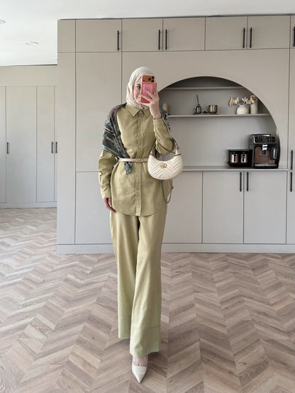 Oversized shirt with waistband wide leg trouser linen set