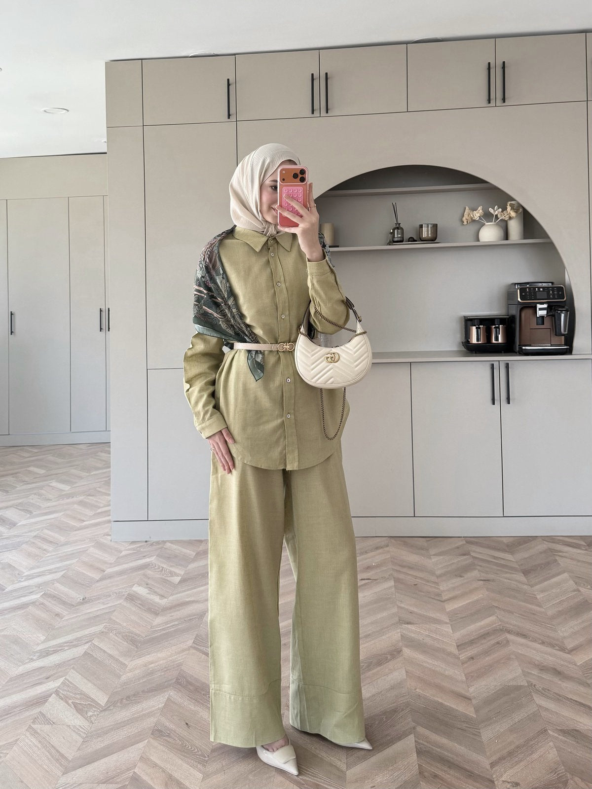 Oversized shirt with waistband wide leg trouser linen set
