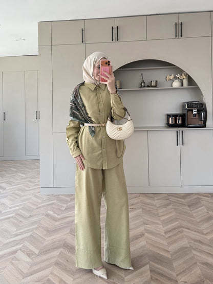 Oversized shirt with waistband wide leg trouser linen set