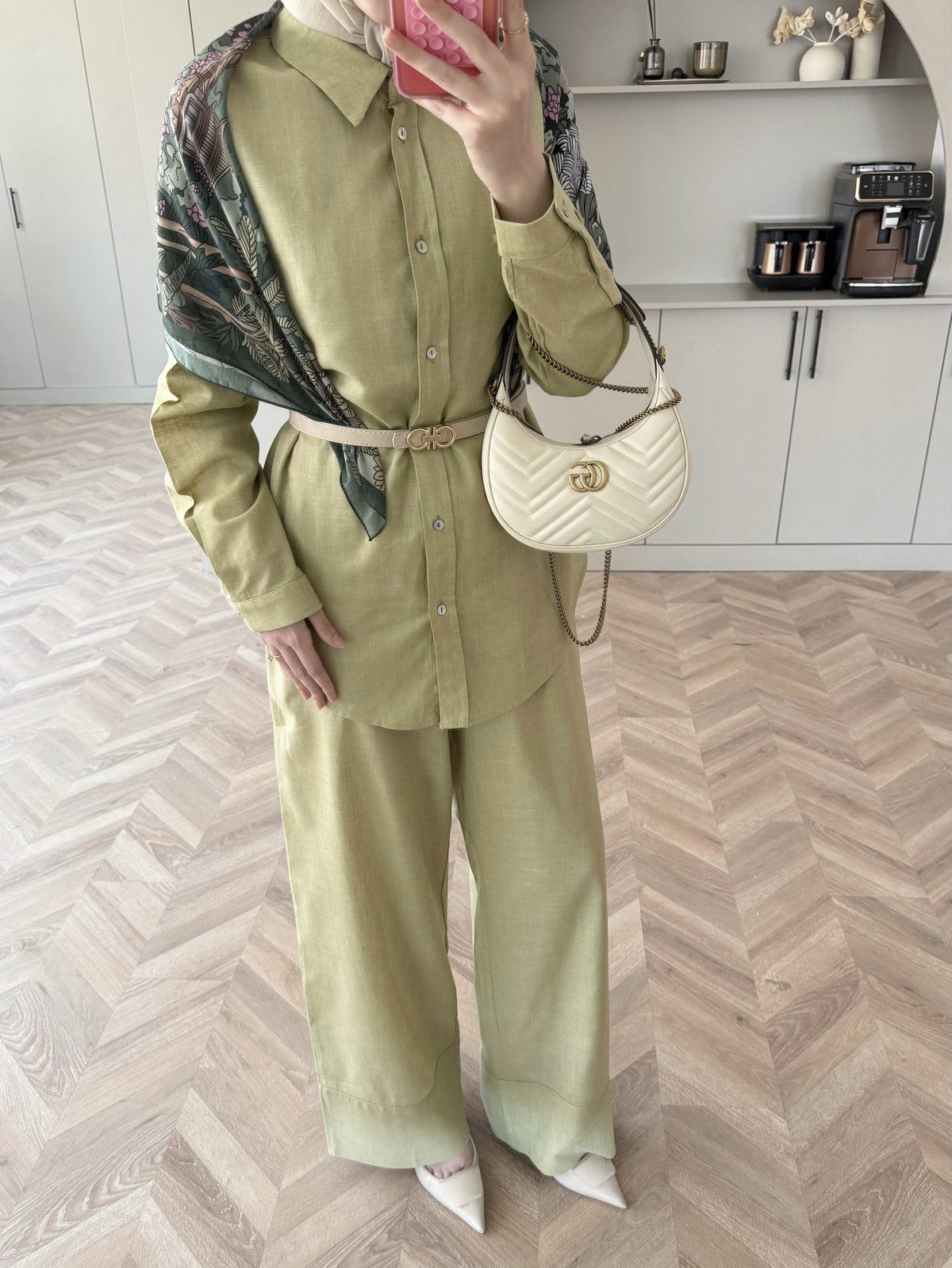 Oversized shirt with waistband wide leg trouser linen set