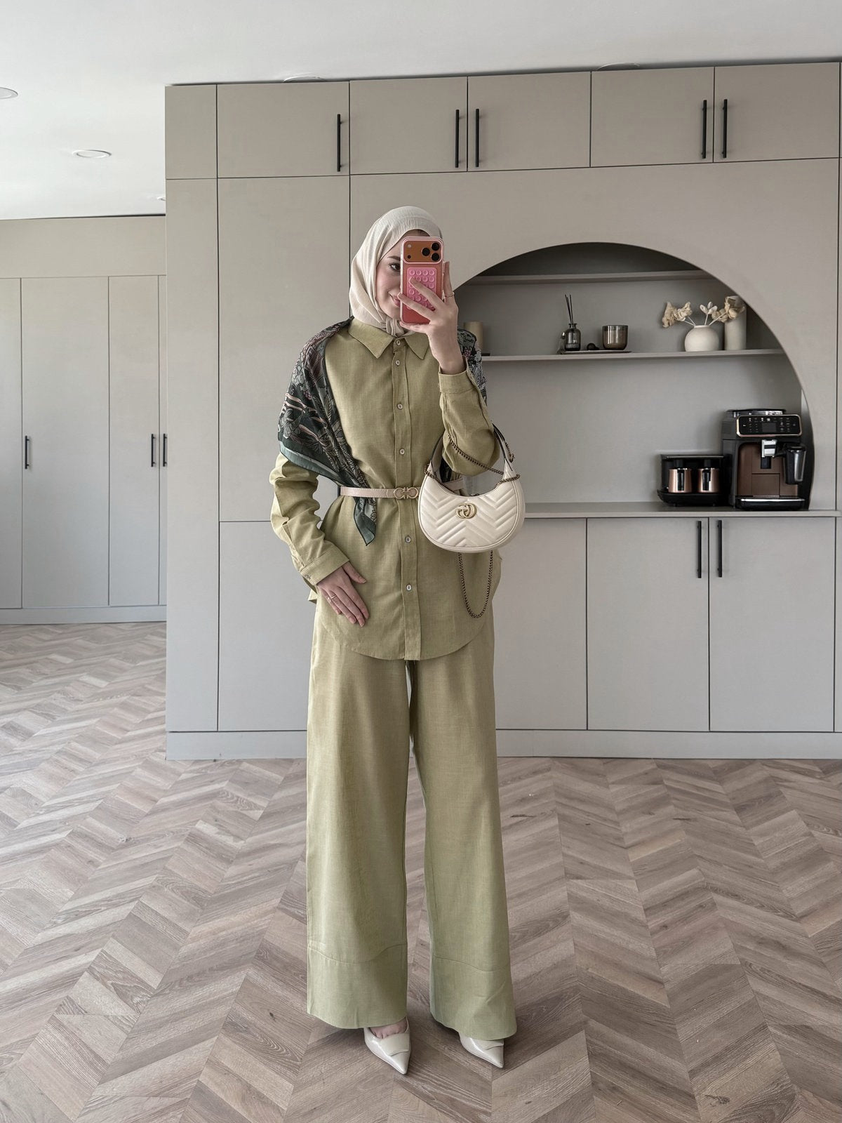 Oversized shirt with waistband wide leg trouser linen set