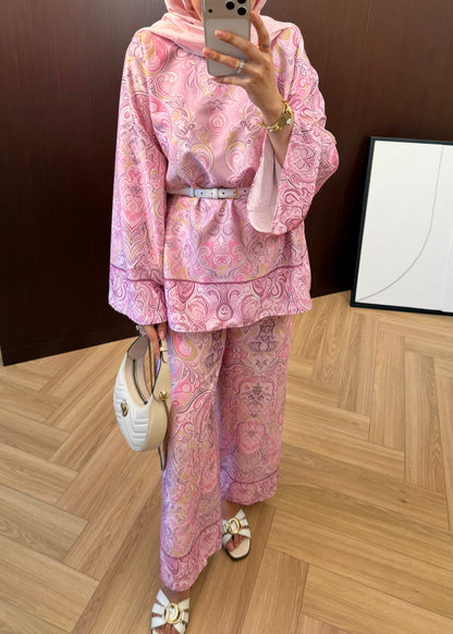 Printed satin Wide sleeve blouse with waistband wide leg trouser co-ord set