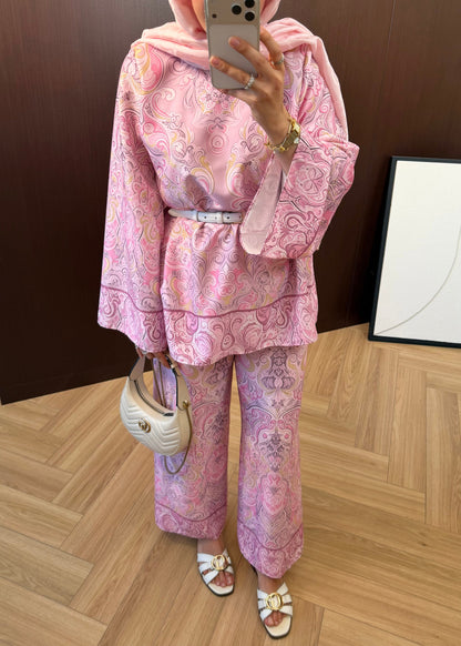 Printed satin Wide sleeve blouse with waistband wide leg trouser co-ord set
