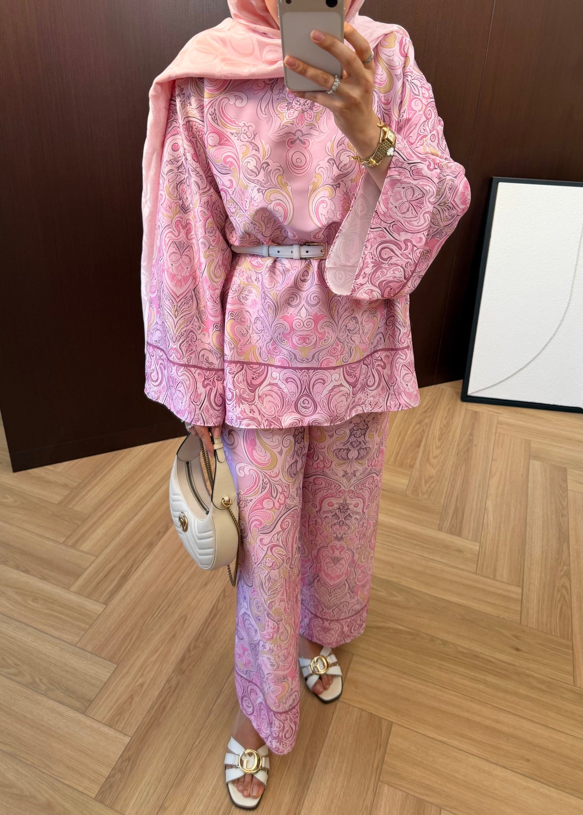 Printed satin Wide sleeve blouse with waistband wide leg trouser co-ord set
