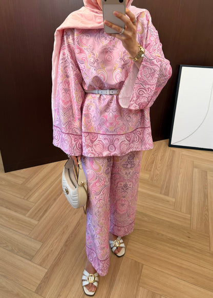 Printed satin Wide sleeve blouse with waistband wide leg trouser co-ord set