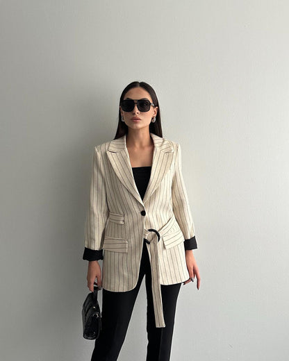 Striped blazer with side belt