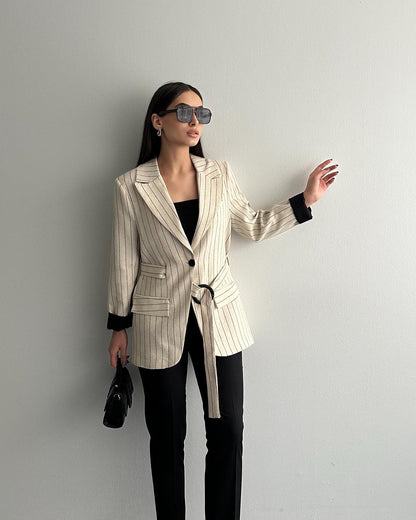 Striped blazer with side belt