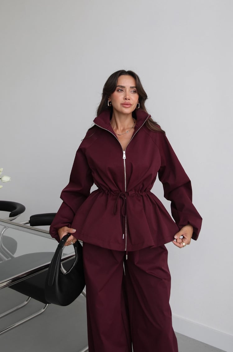 Waist drawstring jacket co-ord set - deep plum