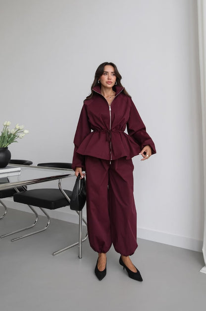 Waist drawstring jacket co-ord set - deep plum