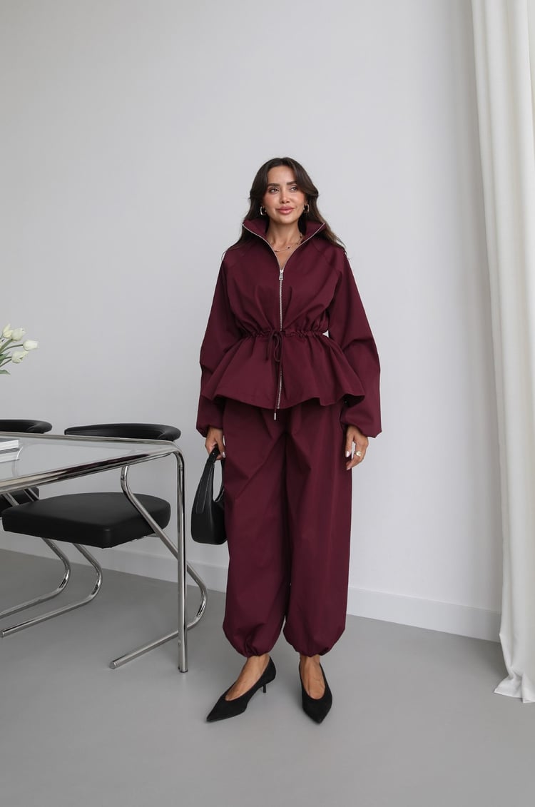 Waist drawstring jacket co-ord set - deep plum