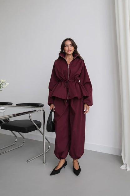 Waist drawstring jacket co-ord set - deep plum