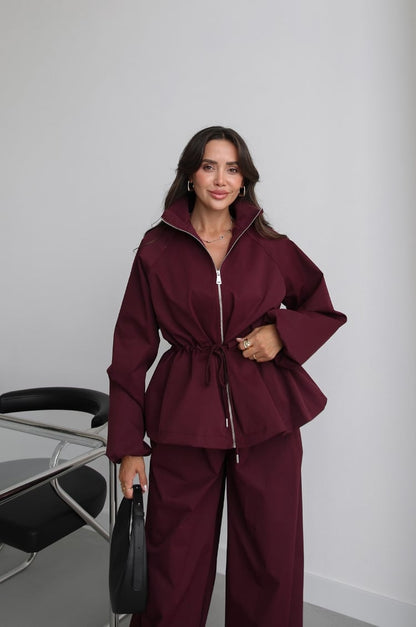Waist drawstring jacket co-ord set - deep plum