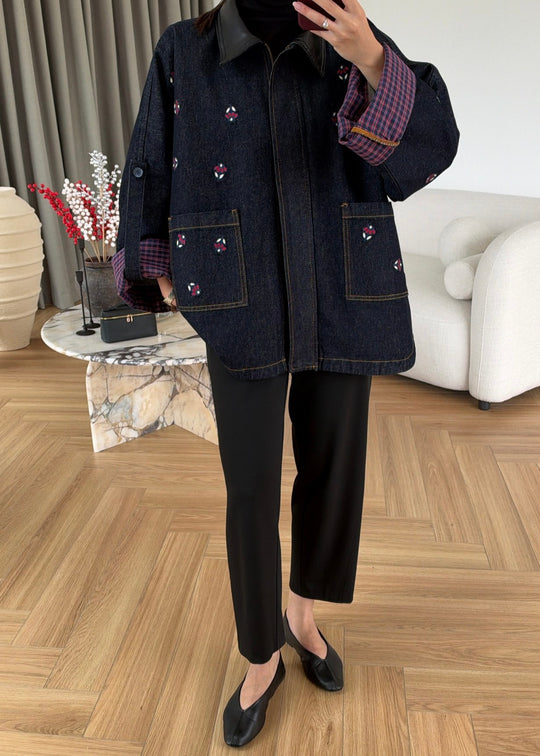 Navy Denim Jacket with Leather Collar and Embroidery