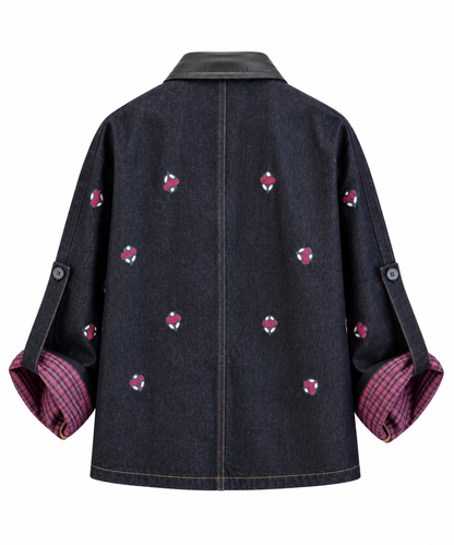 Navy Denim Jacket with Leather Collar and Embroidery