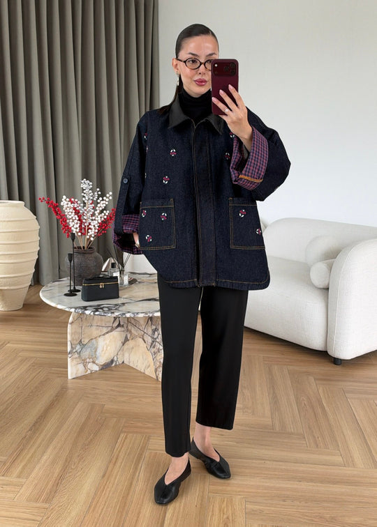 Navy Denim Jacket with Leather Collar and Embroidery