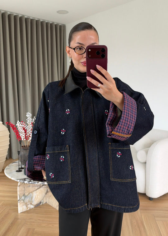 Navy Denim Jacket with Leather Collar and Embroidery