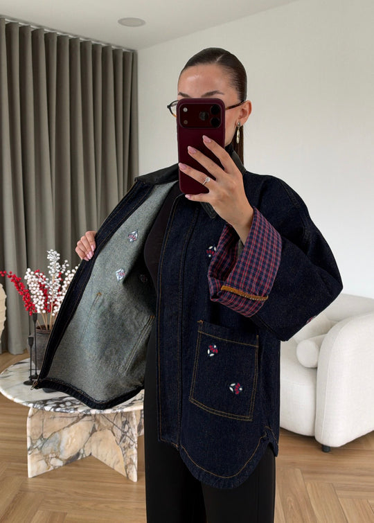 Navy Denim Jacket with Leather Collar and Embroidery