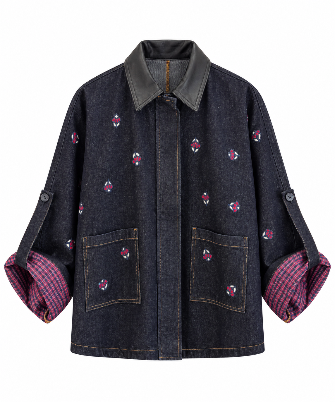 Navy Denim Jacket with Leather Collar and Embroidery