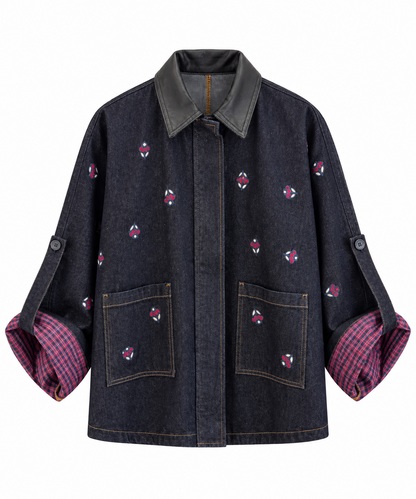 Navy Denim Jacket with Leather Collar and Embroidery