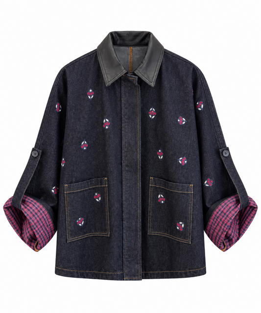Navy Denim Jacket with Leather Collar and Embroidery