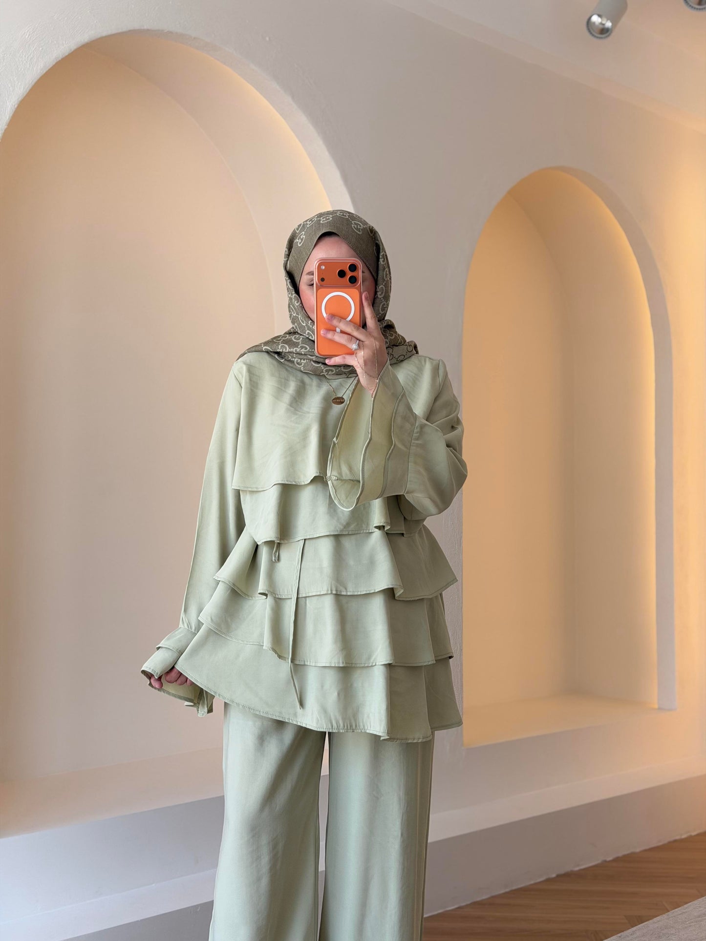Layered blouse with ruffled sleeves co-ord set - Dusty Sage Green