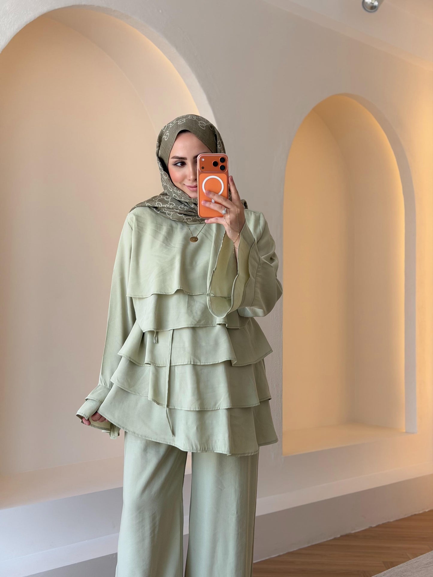 Layered blouse with ruffled sleeves co-ord set - Dusty Sage Green