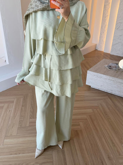 Layered blouse with ruffled sleeves co-ord set - Dusty Sage Green