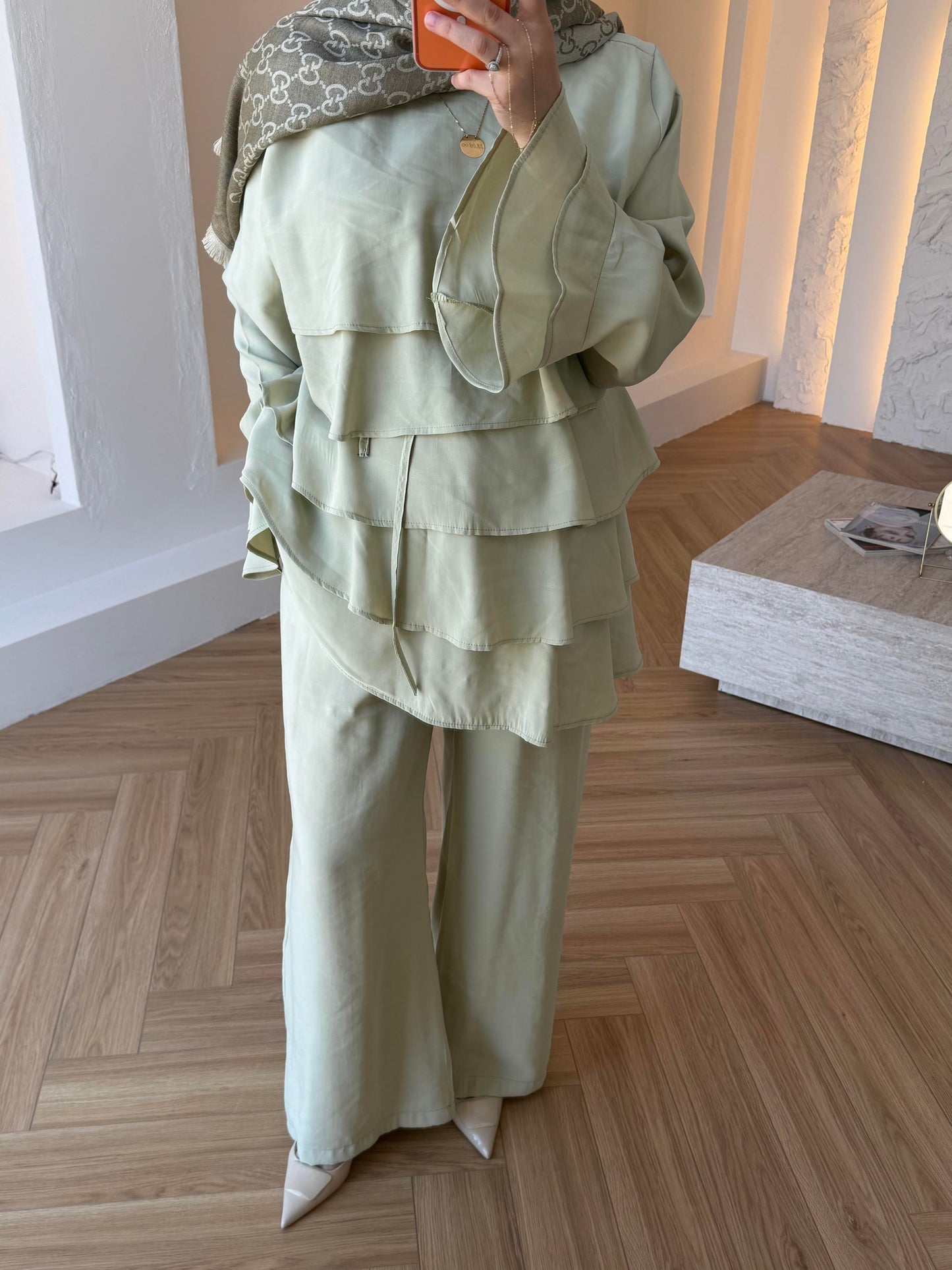 Layered blouse with ruffled sleeves co-ord set - Dusty Sage Green