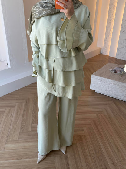 Layered blouse with ruffled sleeves co-ord set - Dusty Sage Green